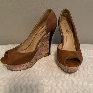 Camel colored pee toe - wedge heel.